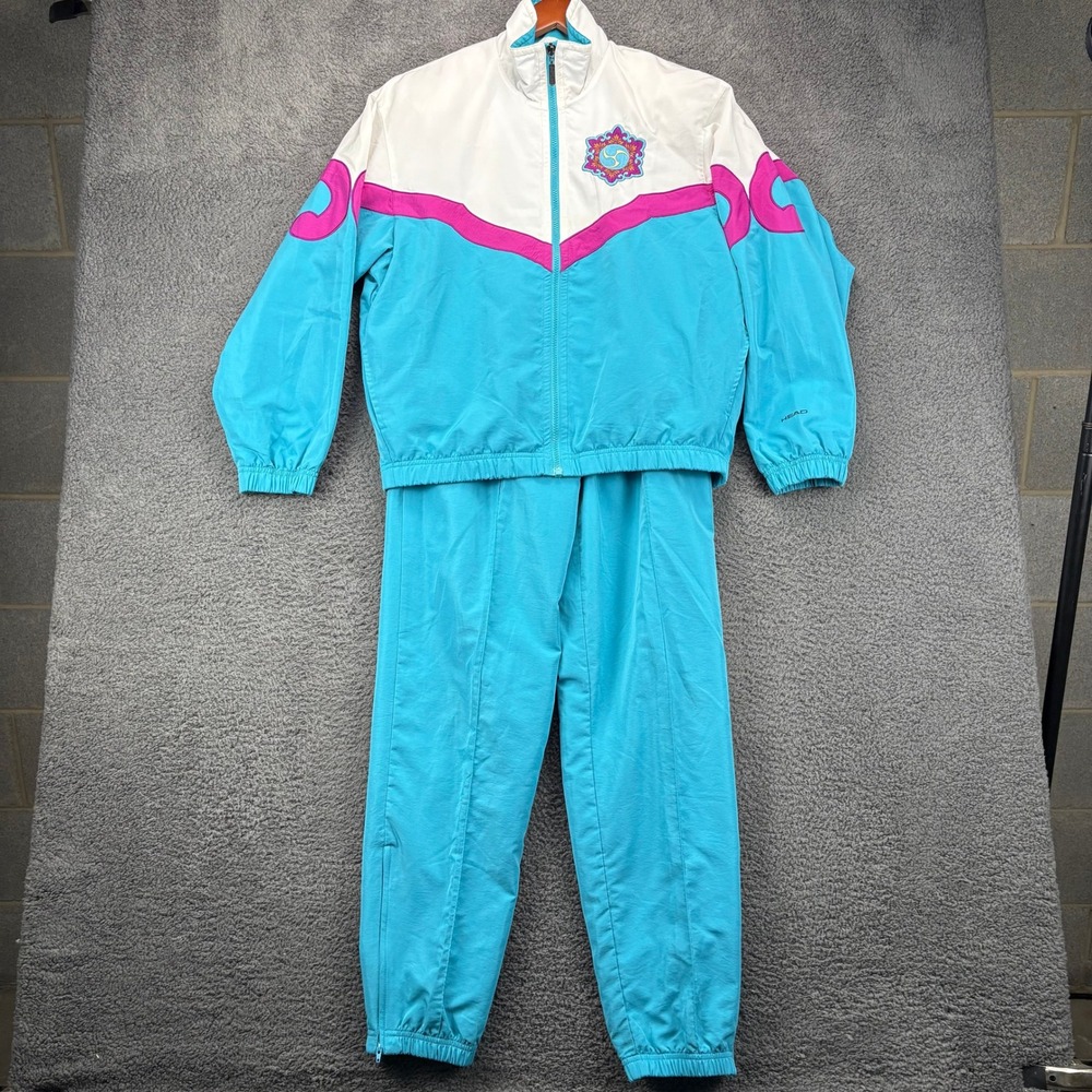 Vintage HEAD Tracksuit Set Mens Small 90s Full Zip Teal Blue Pink‎ White Retro